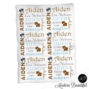 Woodland bear name blanket in blue and gray, personalized boy raccoon bear baby blanket, boy or girl name blanket, personalized name blanket, baby shower gift (CHOOSE COLORS)