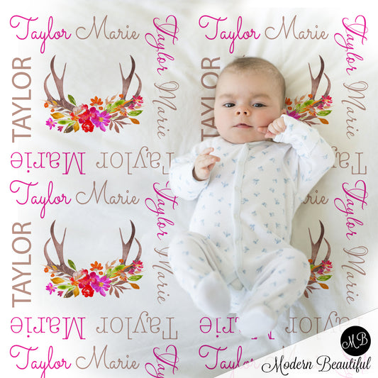 Baby girl deer antler name blanket, floral antler baby blanket, antlers swaddling blanket, baby girl deer blanket, antler blanket, deer antler baby shower gift, (CHOOSE COLORS)