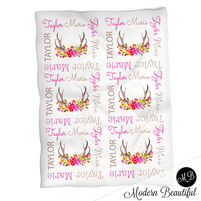 Personalized Deer Antler Baby Name Blanket Girl