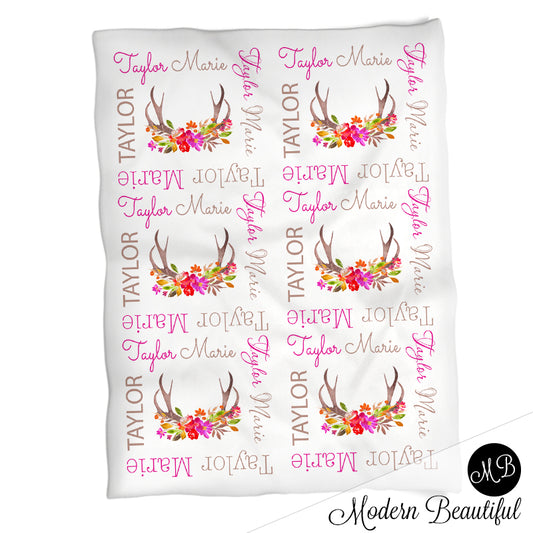Baby girl deer antler name blanket, floral antler baby blanket, antlers swaddling blanket, baby girl deer blanket, antler blanket, deer antler baby shower gift, (CHOOSE COLORS)