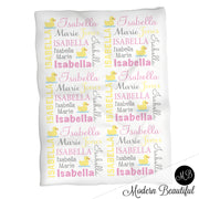 Ducky girl baby name blanket, rubber duck personalized blanket, pink and gray, boy or girl blanket, baby shower gift, personalized name blanket, (CHOOSE COLORS)