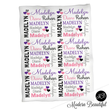 Purple black and pink hearts baby girl blanket, blanket with hearts, heart personalized baby gift, girl name blanket, name baby blanket, personalized blanket, heart baby gift, choose colors