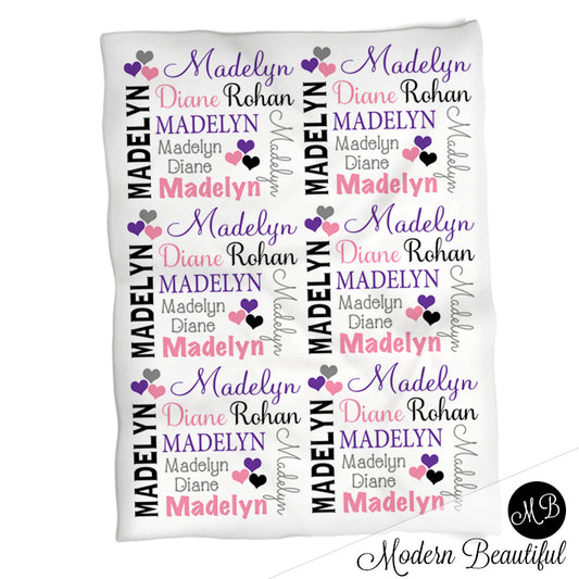 Purple black and pink hearts baby girl blanket, blanket with hearts, heart personalized baby gift, girl name blanket, name baby blanket, personalized blanket, heart baby gift, choose colors