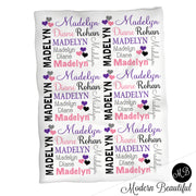 Purple black and pink hearts baby girl blanket, blanket with hearts, heart personalized baby gift, girl name blanket, name baby blanket, personalized blanket, heart baby gift, choose colors