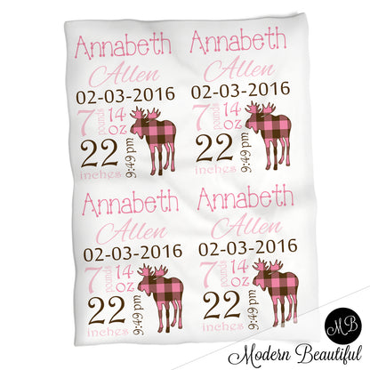 Moose baby girl stats blanket, pink and brown, moose girl baby blanket, personalized moose baby blanket, baby stats blanket, boy or girl stats swaddle blanket, baby shower gift, choose colors