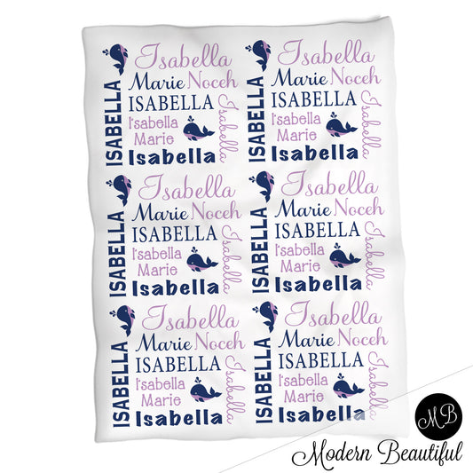 Whale girl baby name blanket, whale personalized blankets, purple and navy, boy or girl blanket, baby shower gift, personalized name blanket, (CHOOSE COLORS)