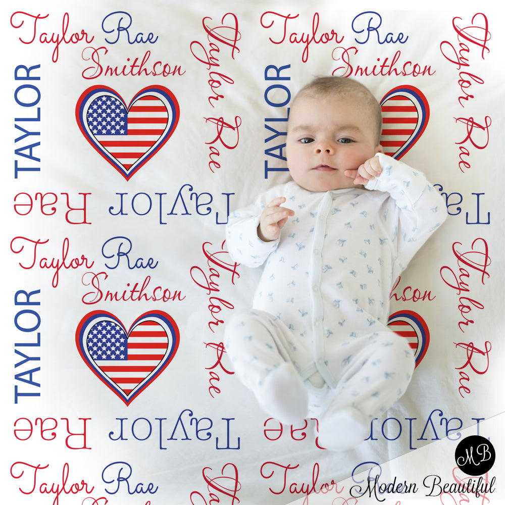 American flag star girl baby name blanket, American flag personalized blankets, red, white and blue, boy or girl blanket, baby shower gift, personalized name blanket