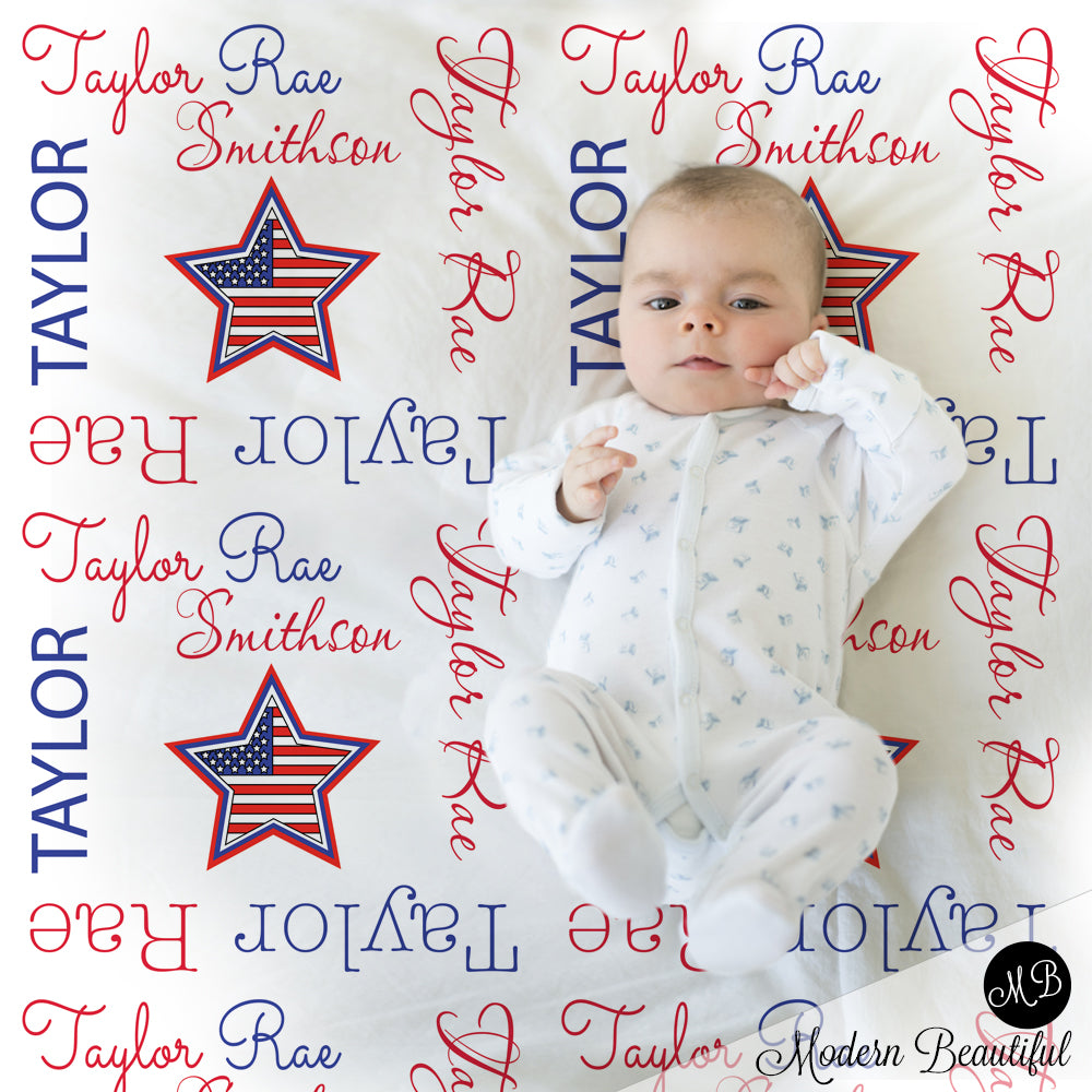 American flag star girl baby name blanket