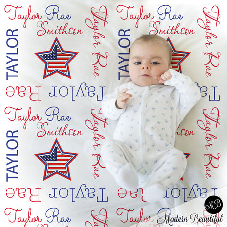 American flag star girl baby name blanket