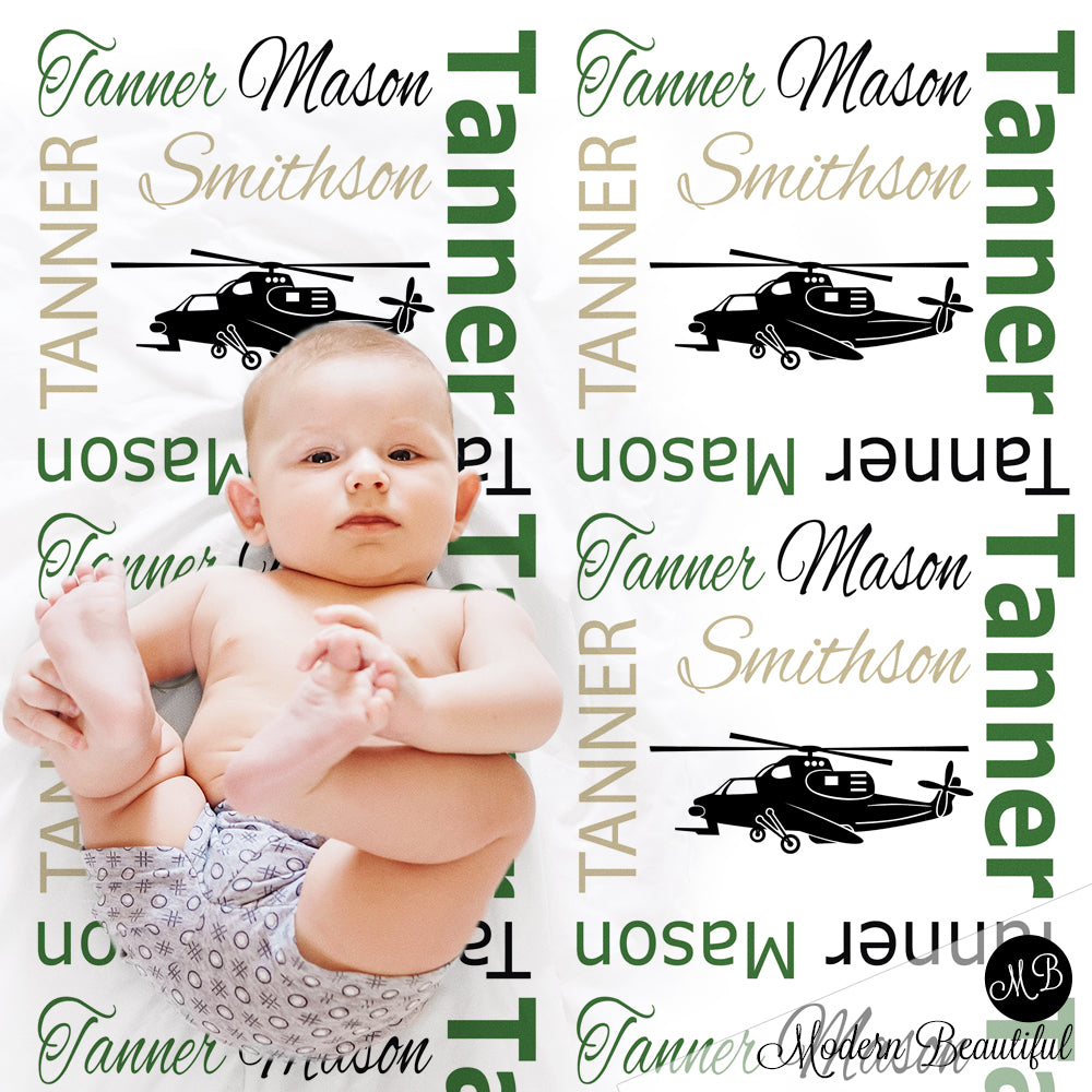 Helicopter name blanket in green and black, personalized boy army military baby blanket, boy or girl name blanket, personalized name blanket, baby shower gift (CHOOSE COLORS)