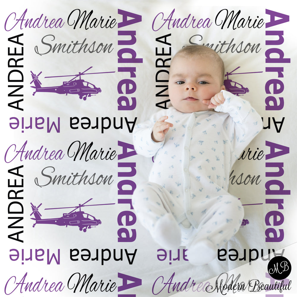 purple and black helicopter baby blanket