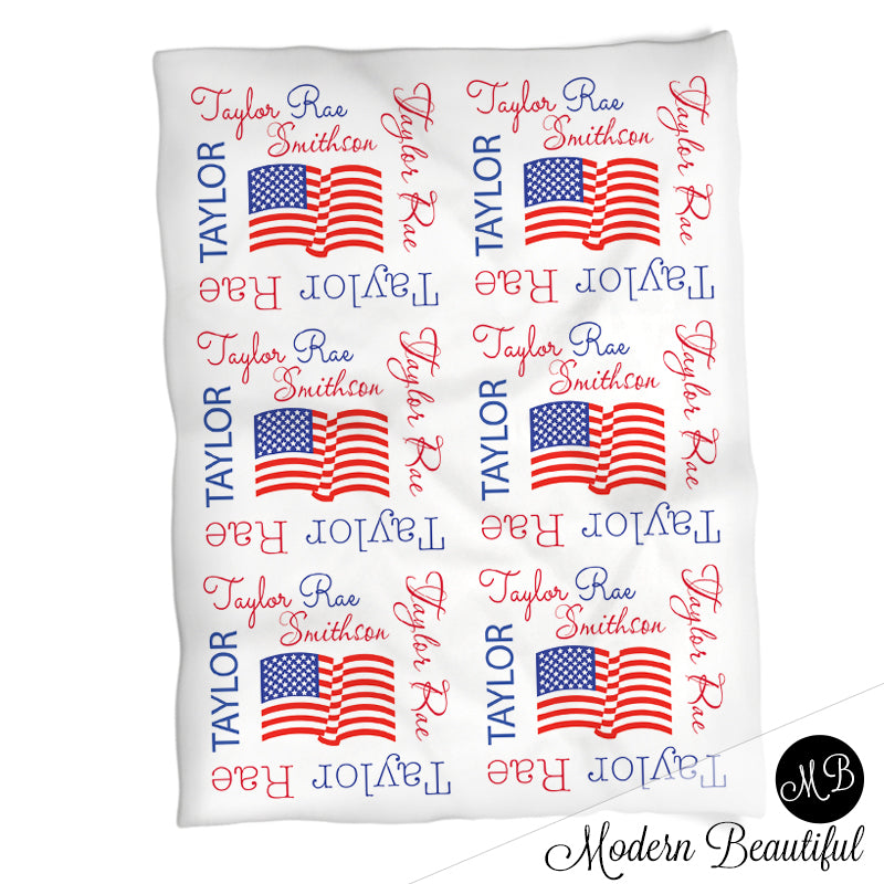 American flag girl baby name blanket, American flag personalized blankets, purple and navy, boy or girl blanket, baby shower gift, personalized name blanket, (CHOOSE COLORS)