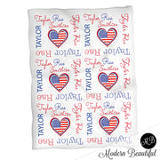 American flag heart girl baby name blanket, American flag personalized blankets, red, white and blue, boy or girl blanket, baby shower gift, personalized name blanket, (CHOOSE COLORS)