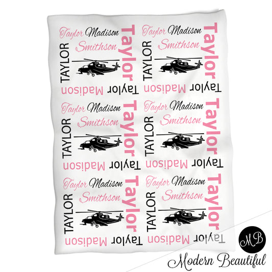 Baby girl helicopter name blanket, pink and black helicopter swaddling blankets, baby girl helicopter blanket, helicopter baby shower gift, (CHOOSE COLORS)