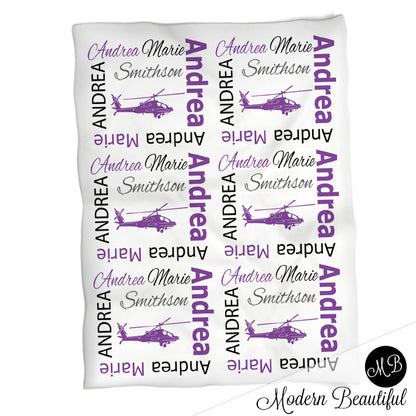 Baby girl helicopter name blanket, purple and black helicopter swaddling blankets, baby girl helicopter blanket, helicopter baby shower gift, (CHOOSE COLORS)