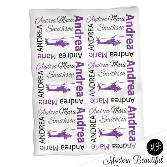 Baby girl helicopter name blanket, purple and black helicopter swaddling blankets, baby girl helicopter blanket, helicopter baby shower gift, (CHOOSE COLORS)