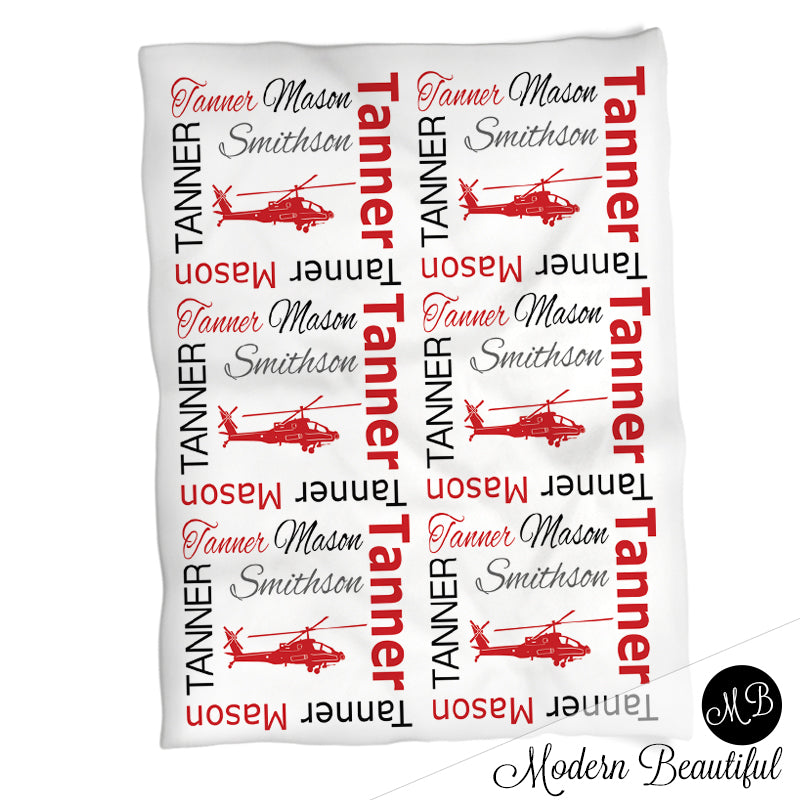 Helicopter name blanket in red and black, personalized boy army military baby blanket, boy or girl name blanket, personalized name blanket, baby shower gift (CHOOSE COLORS)