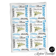 Fighter jet name blanket in green and blue, personalized boy army military baby blanket, boy or girl name blanket, personalized name blanket, baby shower gift (CHOOSE COLORS)
