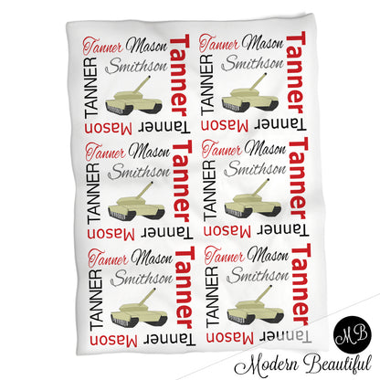 Army tank name blanket in red and black, personalized boy army military baby blanket, boy or girl name blanket, personalized name blanket, baby shower gift (CHOOSE COLORS)