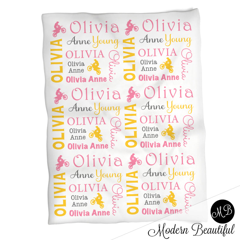 Baby girl motocross name blanket, dirt bike baby blanket, baby girl dirt bike blanket, girl motocross baby shower gift, choose colors