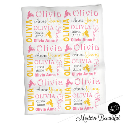 Baby girl motocross name blanket, dirt bike baby blanket, baby girl dirt bike blanket, girl motocross baby shower gift, choose colors