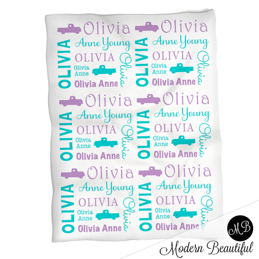 Baby girl chevy truck name blanket, vintage truck baby blanket, baby girl chevy truck blanket, girl chevy baby shower gift, choose colors