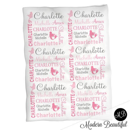 Baby girl mermaid name blanket in pink and gray, mermaid swaddling blanket, baby girl mermaid blanket, mermaids blanket, mermaid baby shower gift, (CHOOSE COLORS)