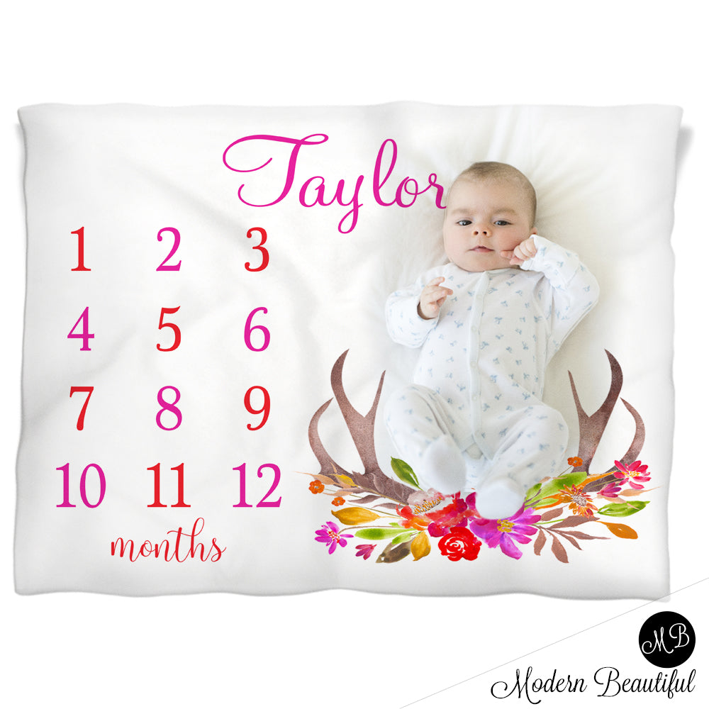 Pink deer antler girl baby blanket, floral antler personalized growth baby gift, deer antler baby gift, personalized photo prop blanket - choose your colors