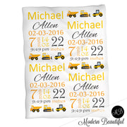 Construction baby boy stats blanket, yellow and black, dump truck boy baby blanket, personalized construction baby blanket, baby stats blanket, boy or girl stats swaddle blanket, baby shower gift, choose colors