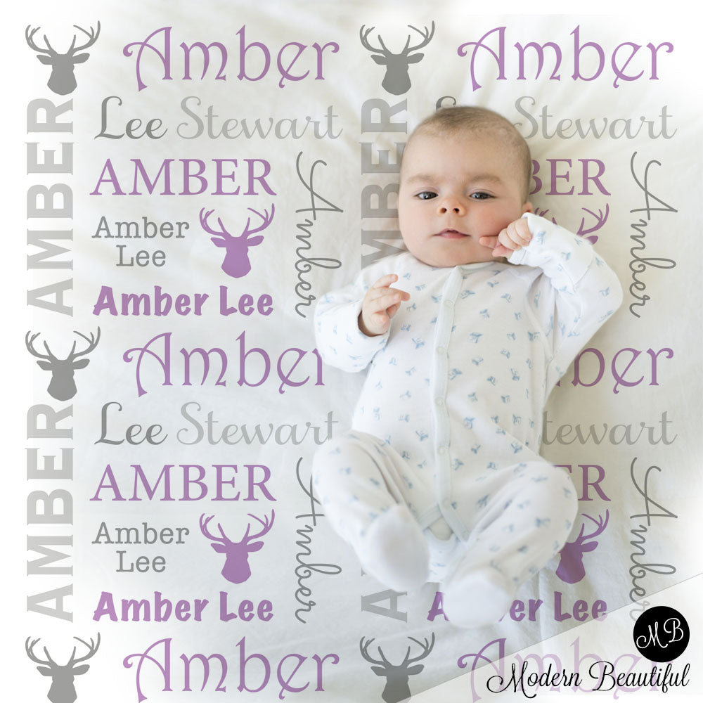 Baby girl deer antler name blanket in gray and purple, antler swaddling blanket, baby girl deer blanket, antler blanket, deer antler baby shower gift, (CHOOSE COLORS)