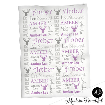Baby girl deer antler name blanket in gray and purple, antler swaddling blanket, baby girl deer blanket, antler blanket, deer antler baby shower gift, (CHOOSE COLORS)