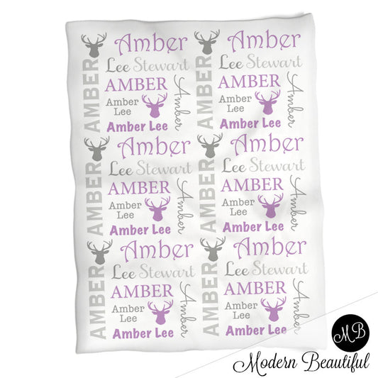Baby girl deer antler name blanket in gray and purple, antler swaddling blanket, baby girl deer blanket, antler blanket, deer antler baby shower gift, (CHOOSE COLORS)