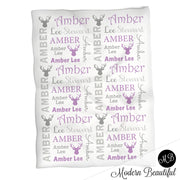 Baby girl deer antler name blanket in gray and purple, antler swaddling blanket, baby girl deer blanket, antler blanket, deer antler baby shower gift, (CHOOSE COLORS)