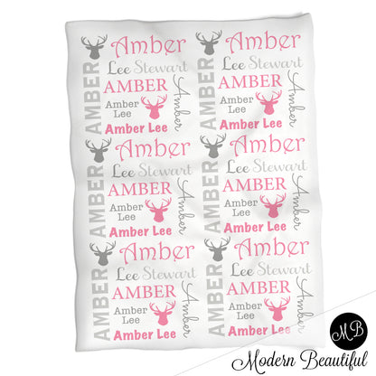 Baby girl deer antler name blanket in gray and pink, antler swaddling blanket, baby girl deer blanket, antler blanket, deer antler baby shower gift, (CHOOSE COLORS)