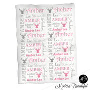 Baby girl deer antler name blanket in gray and pink, antler swaddling blanket, baby girl deer blanket, antler blanket, deer antler baby shower gift, (CHOOSE COLORS)