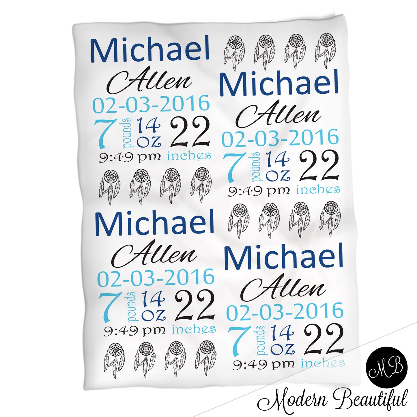 Dream catcher baby boy stats blanket, blue and gray, dream catcher boy baby blanket, personalized dream catcher baby blanket, baby stats blanket, boy or girl stats swaddle blanket, baby shower gift, choose colors
