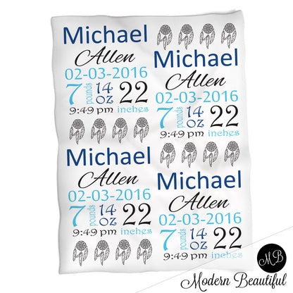 Dream catcher baby boy stats blanket, blue and gray, dream catcher boy baby blanket, personalized dream catcher baby blanket, baby stats blanket, boy or girl stats swaddle blanket, baby shower gift, choose colors