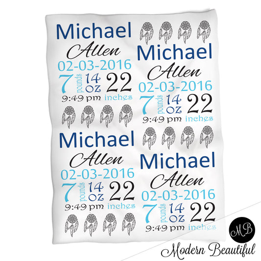 Dream catcher baby boy stats blanket, blue and gray, dream catcher boy baby blanket, personalized dream catcher baby blanket, baby stats blanket, boy or girl stats swaddle blanket, baby shower gift, choose colors