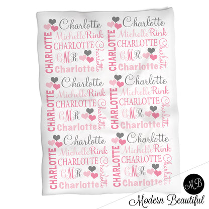 Heart monogram girl baby name blanket, hearts personalized blankets, pink and gray, boy or girl blanket, baby shower gift, personalized name blanket, (CHOOSE COLORS)