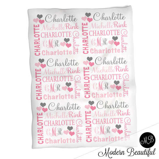Heart monogram girl baby name blanket, hearts personalized blankets, pink and gray, boy or girl blanket, baby shower gift, personalized name blanket, (CHOOSE COLORS)