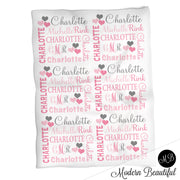 Heart monogram girl baby name blanket, hearts personalized blankets, pink and gray, boy or girl blanket, baby shower gift, personalized name blanket, (CHOOSE COLORS)