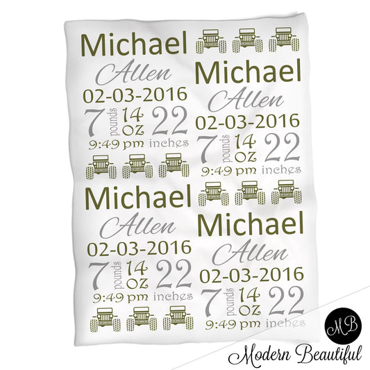 Jeep 4x4 baby boy stats blanket, green and gray, 4x4 jeep boy baby blanket, personalized jeep baby blanket, baby stats blanket, boy or girl stats swaddle blanket, baby shower gift, choose colors