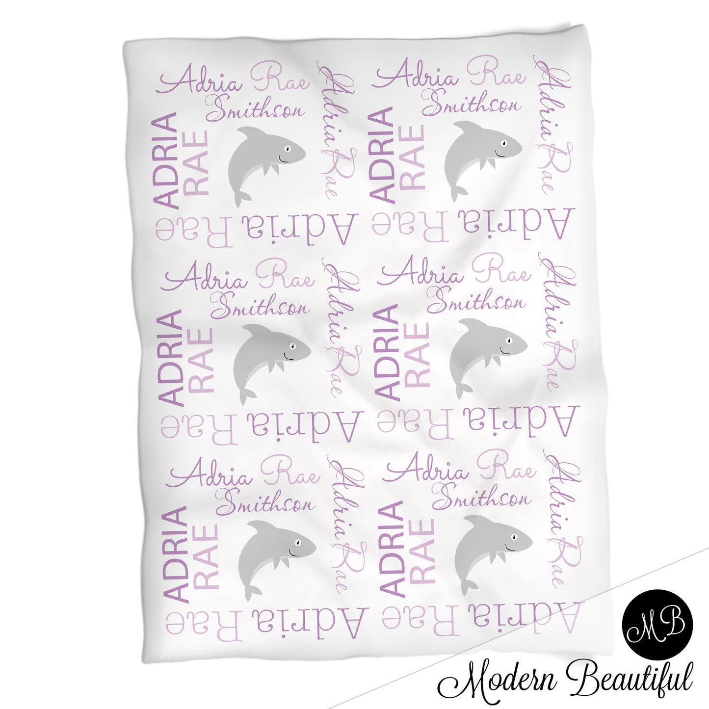 Shark girl baby name blanket, shark personalized blankets, gray and purple, boy or girl blanket, baby shower gift, personalized name blanket, (CHOOSE COLORS)