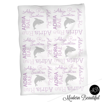 Shark girl baby name blanket, shark personalized blankets, gray and purple, boy or girl blanket, baby shower gift, personalized name blanket, (CHOOSE COLORS)