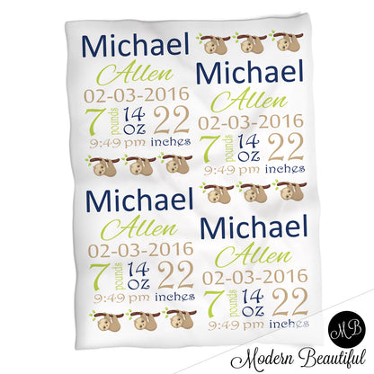Sloth baby boy stats blanket, green and blue, sloth boy baby blanket, personalized sloth bear baby blanket, baby stats blanket, boy or girl stats swaddle blanket, baby shower gift, choose colors
