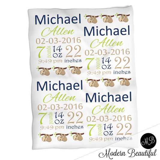 Sloth baby boy stats blanket, green and blue, sloth boy baby blanket, personalized sloth bear baby blanket, baby stats blanket, boy or girl stats swaddle blanket, baby shower gift, choose colors