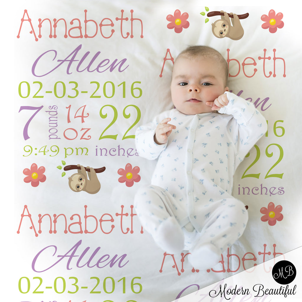 sloth baby name blanket