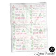 Baby girl teepee name blanket in mint, pink and gray, boho swaddling blanket, baby girl teepee boho blanket, mint and pink blanket, teepee baby shower gift, (CHOOSE COLORS)