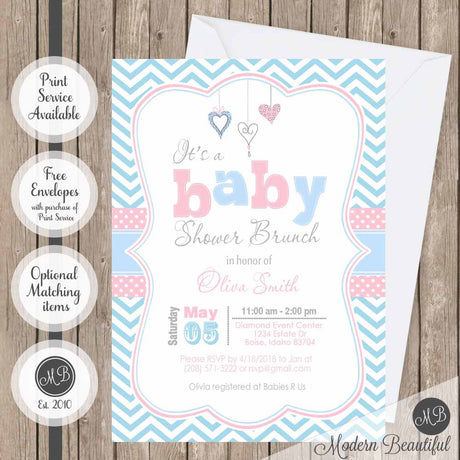 Pink and blue hearts baby shower invitation, hearts baby shower invitation, chevron baby shower invitation, girl baby shower invitation