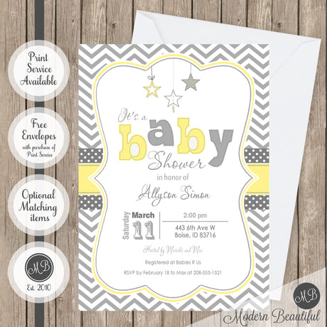 Yellow and gray twinkle twinkle little star baby shower invitation, gender neutral baby shower invitation, boy or girl star baby shower invitation, boy or girl baby shower invitation